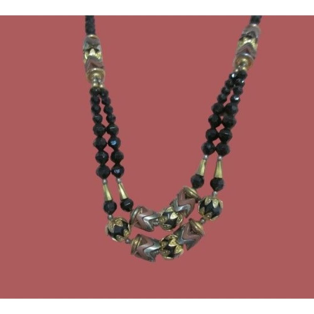 Vintage Black Gold Pink Beaded Chevron Double Strand Necklace